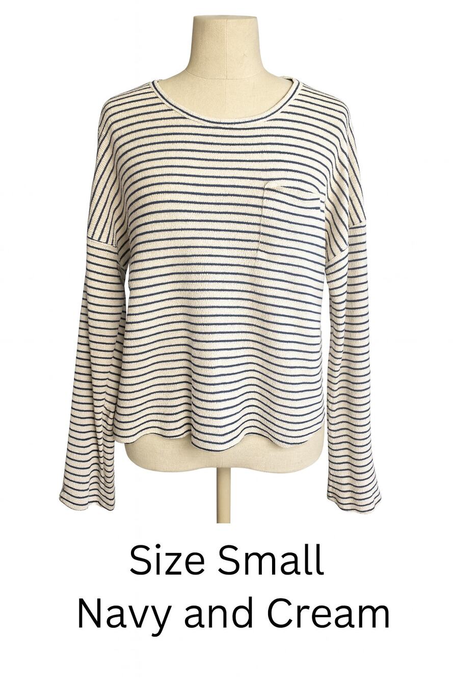 Madewell Women’s Small Tan & Navy Striped Cotton Long Sleeve Top Oversized
